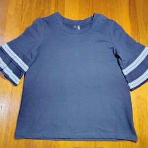 Women's Navy Blue T-Shirt with‎ Embellished Bell Sleeves Size PL festive boho